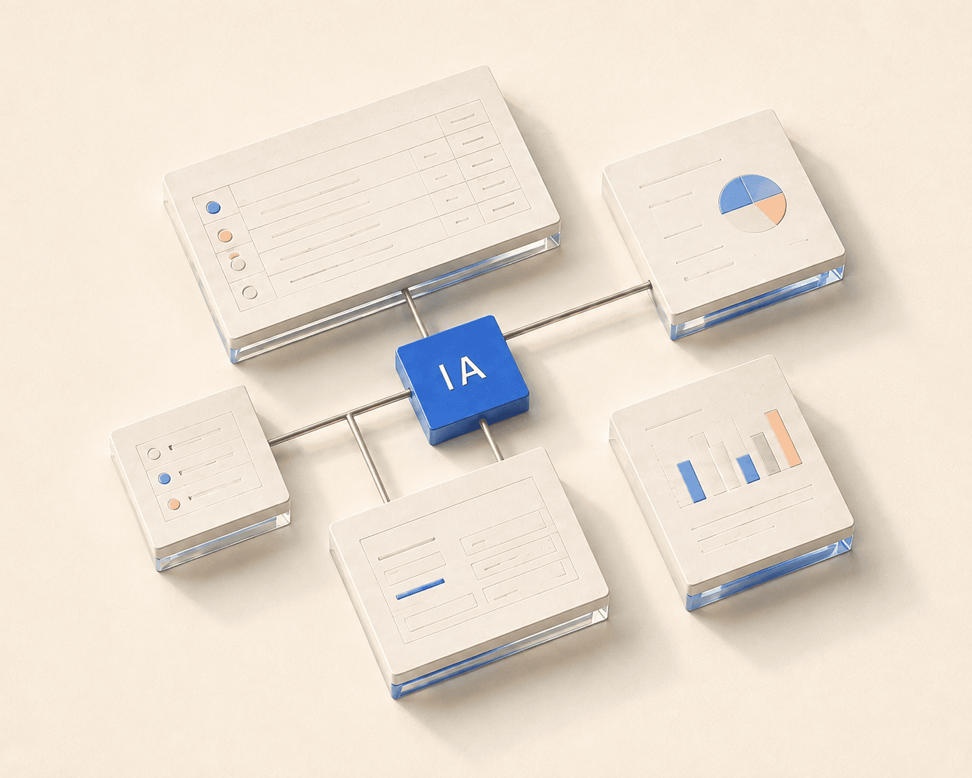 Management, accounting and reporting interfaces connected to a blue artificial intelligence hub.